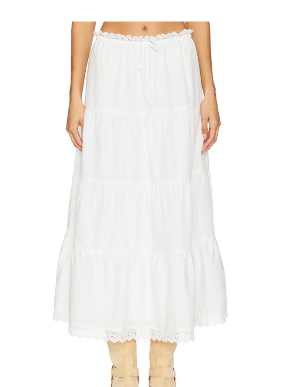 Women's White Tiered Maxi Skirt with Eyelet Hem
